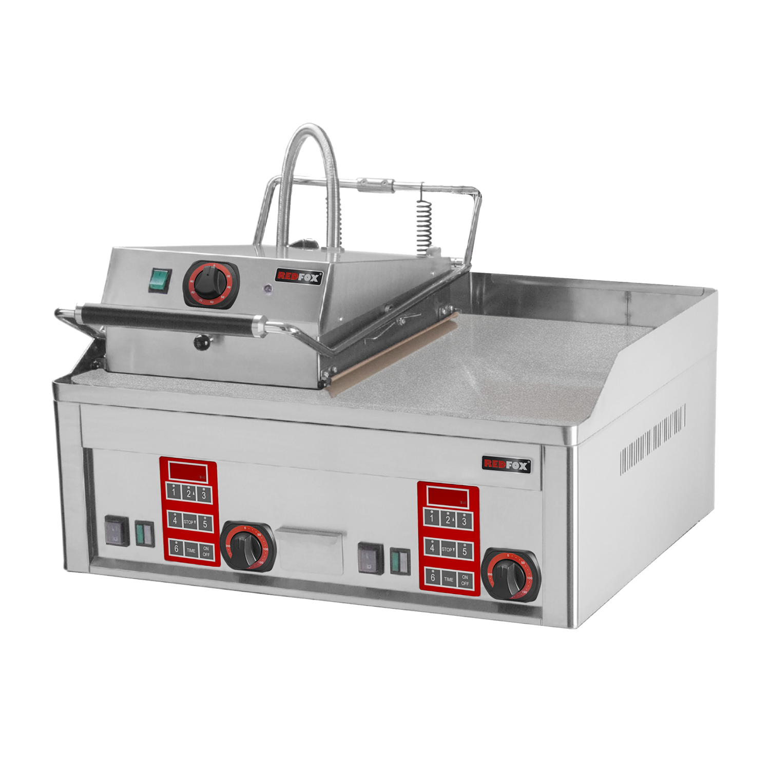 Steak gril elektrický durable chrom s digitálním časovačem a vrchní kontaktní deskou 65x48 stolní | REDFOX - FTHC 60 ED + KD 30 T