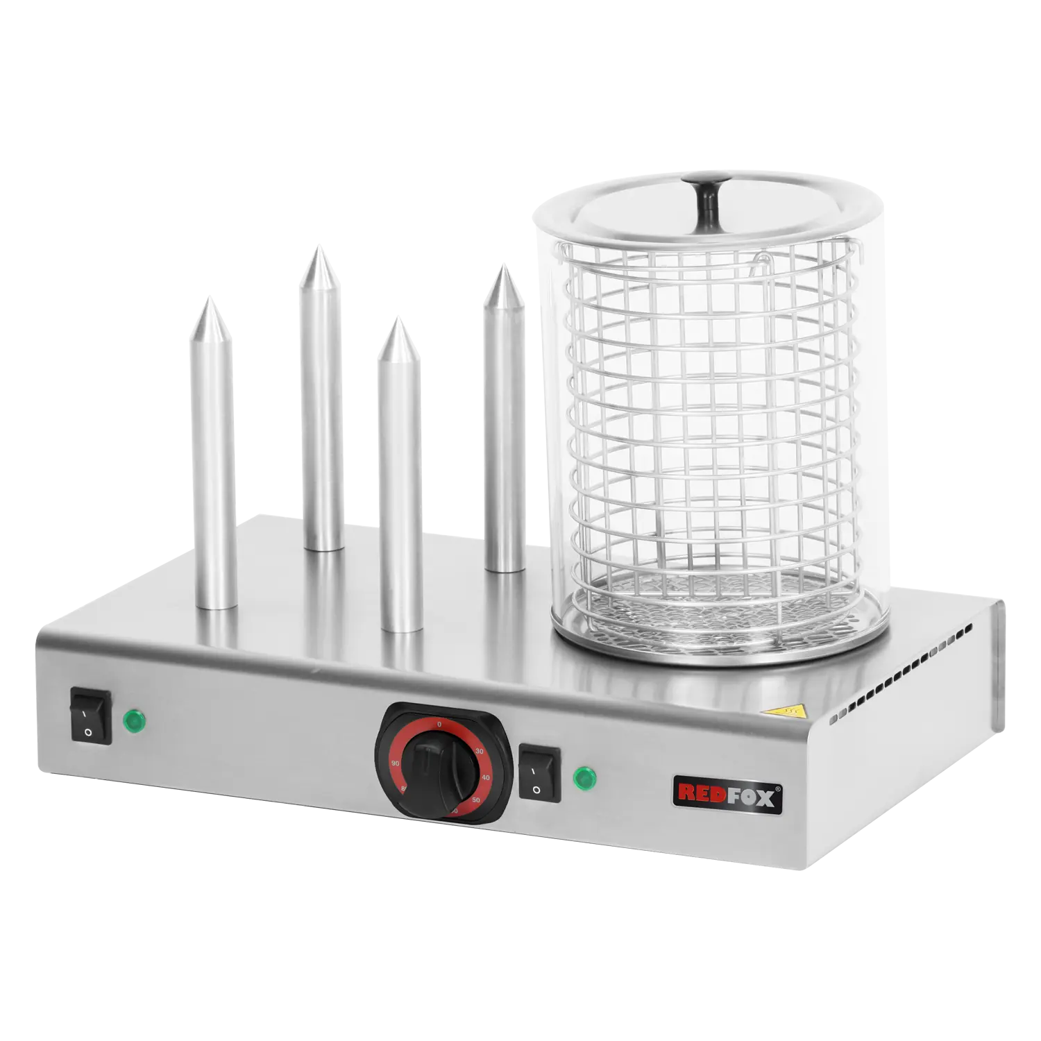 Hot dog machine warmer  4 spikey with basket and glass cylinder | REDFOX - HD 04 NK