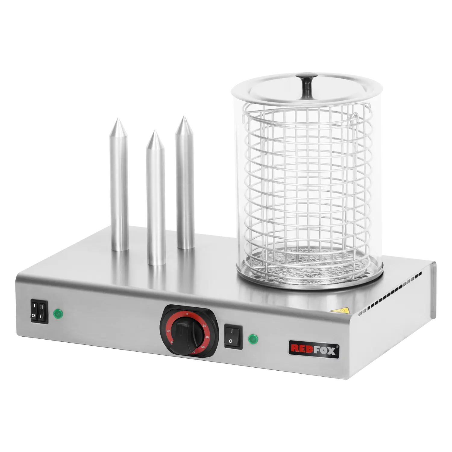 Hot dog machine warmer  3 spike with basket and glass cylinder | REDFOX - HD 03 NK
